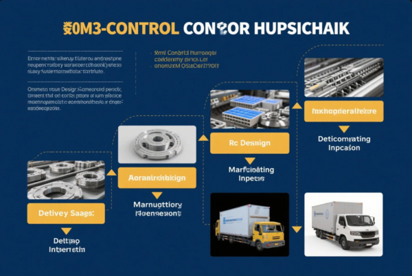 The image is a process infographic with a blue background and yellow highlights. At the top, there is a large, bold headline with several distorted words. The visual flow is structured with arrows connecting various stages, each represented by an image and a yellow box with text. Key visuals include close-ups of machined metal components, automated production lines, and delivery trucks. The flow suggests a sequence from product design, manufacturing, inspection, packaging, to delivery. However, many of the section titles and bullet points are partially scrambled or not written in proper English, making the content challenging to decipher. The overall style is modern and professional, reflecting a technical or industrial process.