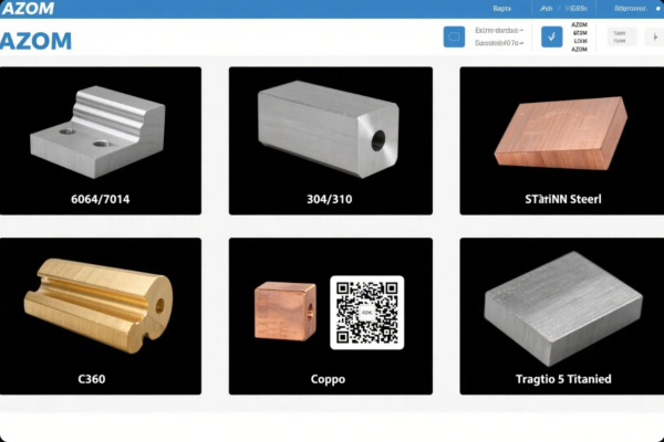 The image shows a website or software interface from "AZOM" featuring six metal samples displayed in two rows of three. Each sample is a machined metal part, photographed on a black background, with a label underneath. The materials listed include common engineering alloys (aluminum 6064/7014, stainless steel 304/310), copper, brass (C360), titanium alloy ("Tragtio 5 Titanied"), and an incorrectly spelled "STaiNN Steel." A QR code is present in the cell labeled "Coppo." The design resembles a database or material property selection screen for engineers or manufacturers.