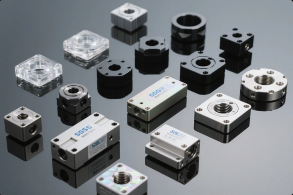 This image features an assortment of precision-machined components, such as bearing housings, flanges, and custom mounting blocks, arranged neatly on a glossy black background. The parts vary in material—some are metallic (stainless steel or aluminum), some are black anodized, and others are clear plastic. Many pieces have central threaded holes, mounting holes, or engraved part numbers (e.g., “SSS” series). The diversity of shapes and finishes highlights high-tolerance CNC machining capabilities, modular design, and applications in automation equipment, robotics, or industrial machinery assembly.