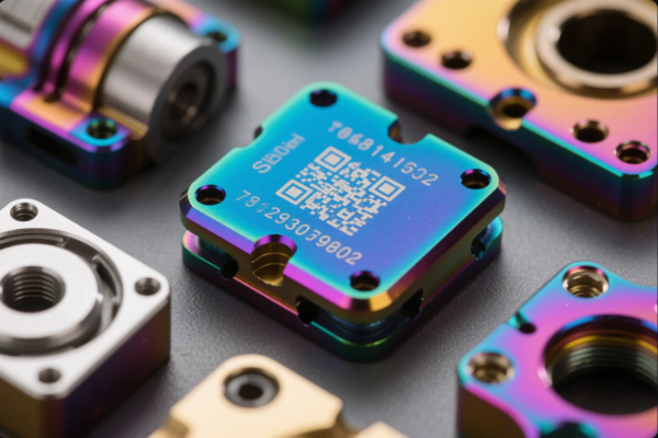 The image shows a collection of precision-machined parts made from metal, each featuring a striking iridescent (rainbow) anodized finish. The parts are mainly square and rectangular flanges, with threaded holes and mounting points. The central component has a QR code, part numbers, and engraved text, indicating high traceability and modern manufacturing standards. The vibrant coloring highlights advanced surface treatments and customization capabilities for industrial hardware, suitable for high-tech applications like robotics, automation, or electronics. The close-up perspective emphasizes the fine details, sharp edges, and high-quality CNC machining.