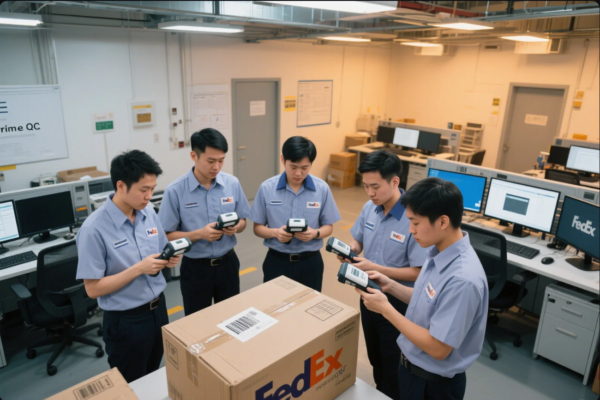 The image shows six employees wearing FedEx uniforms standing around a large FedEx-labeled cardboard box in a bright, organized office or quality control center. Each team member is holding a barcode scanner and appears to be scanning or verifying the shipping labels on the packages. Computer workstations with FedEx logos and quality control signage are visible in the background, emphasizing a professional and systematic package inspection process. The scene highlights logistics operations, quality assurance, and efficient global shipping standards.