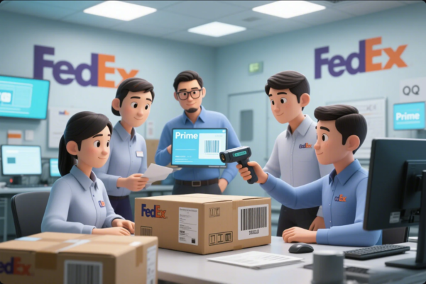This image features five animated FedEx staff members working together in a bright, tech-driven logistics office. Large FedEx logos are displayed on the walls, and computer monitors show shipping data, including a prominent Prime shipping label on one screen. One employee scans a barcode on a FedEx box while others review documents and digital information. The scene emphasizes efficient package processing, teamwork, and a blend of Prime and FedEx shipping services in a cheerful and organized environment.
