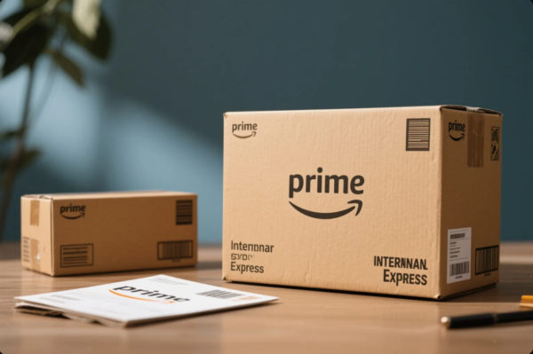 The image shows two cardboard boxes featuring the Prime logo and "INTERNAN EXPRESS" branding, placed on a wooden tabletop. A stack of shipping documents or labels with the Prime logo lies in the foreground, and a pen is partially visible on the right. The background is softly blurred with hints of a plant, emphasizing the packages and paperwork, and evoking a sense of global, efficient logistics and parcel delivery service.