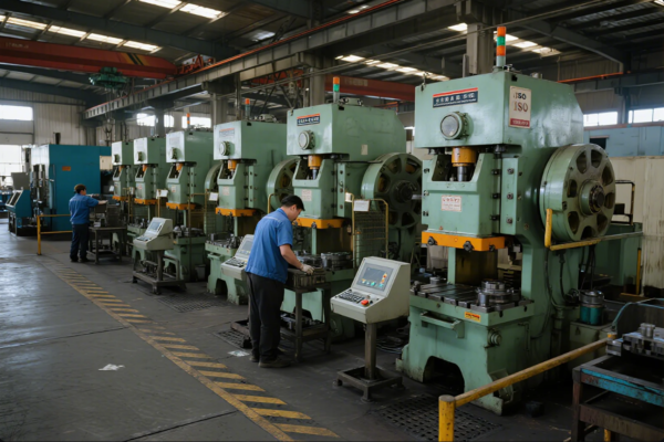 This image shows a row of high-capacity mechanical stamping presses in operation within a spacious manufacturing plant. Skilled technicians are operating the presses, which are used for mass production of precision metal stamping and drawing parts. The facility is ISO-certified, highlighting a focus on quality control and industrial efficiency. The overall atmosphere suggests advanced manufacturing processes typical of a leading metal components supplier.