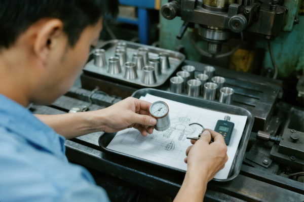 This image depicts a quality control process for metal stamping and deep drawing parts in a manufacturing environment. The technician is using precision measuring instruments to check the dimensions and tolerances of metal components, ensuring each part meets strict engineering specifications. Multiple identical metal parts are arranged neatly in trays, and technical drawings guide the inspection, highlighting the factory's commitment to quality and precision in industrial manufacturing.