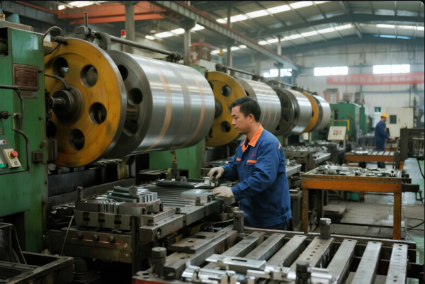 This image shows a production line in a metal fabrication factory, where a worker in blue uniform and gloves is monitoring and adjusting a heavy-duty stamping and rolling machine. Large steel coils are being fed into the equipment, which processes and forms the metal into precise stamping parts. The background reveals more machinery, tooling, and another operator, highlighting an efficient, large-scale metal stamping operation commonly used for automotive, appliance, or industrial components manufacturing.