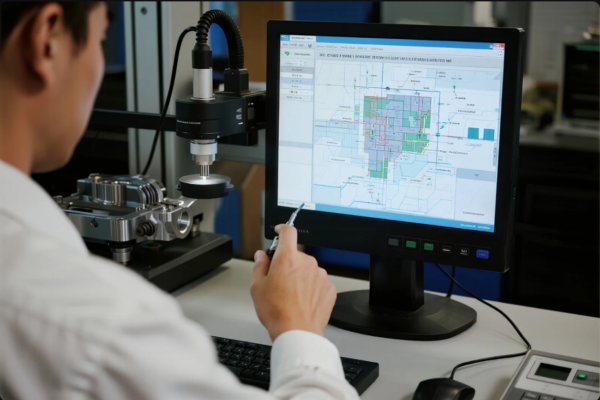 This image shows a quality control engineer in a white lab coat using a high-precision digital microscope to inspect a complex metal stamping or machined part. On the computer monitor, CAD software displays a detailed technical drawing with highlighted measurements and annotations, demonstrating dimensional analysis and strict inspection processes. The setup highlights advanced inspection techniques, combining digital imaging with CAD data to ensure product accuracy and quality in the manufacturing of metal stamping and drawing parts.