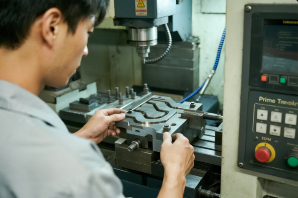 The image shows a manufacturing engineer carefully aligning a metal stamping mold fixture on the bed of a CNC milling machine. The CNC control panel is visible on the right, with the machine’s spindle and tooling setup above the fixture. This scene demonstrates the preparation process for CNC machining or mold making in the production of high-precision metal stamping and drawing parts, highlighting the importance of accuracy and proper setup in industrial manufacturing.