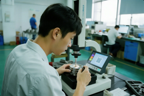 The image shows a quality control engineer operating a digital coordinate measuring machine (CMM) to inspect a metal component’s dimensions. The CMM’s probe is in contact with the part, and measurement data is displayed on the screen beside the operator. The setting is a clean, modern inspection lab, emphasizing the importance of high-precision measurement and quality assurance in metal stamping and CNC manufacturing processes.