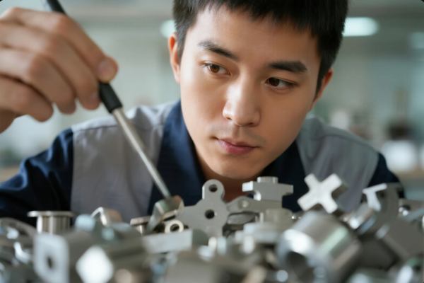 A close-up image of an engineer carefully examining and measuring several metal stamped components using a precision tool. The scene highlights the attention to detail required in the quality inspection process for custom metal parts manufacturing, ensuring each component meets strict industry standards before shipment to clients.