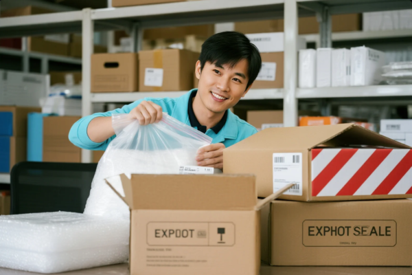 A smiling warehouse staff member is packing bubble wrap and protective materials into export shipping boxes in a storage and logistics area. The background features neatly stacked shelves with various cartons, indicating a well-organized packing and export operation for industrial parts or components.