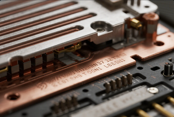 This image shows a detailed macro view of a copper and aluminum heat sink installed on a circuit board. The heat sink is finely machined with ventilation slots and precisely mounted to facilitate thermal management of electronic components, highlighting the quality of custom metal parts used in electronic assemblies.