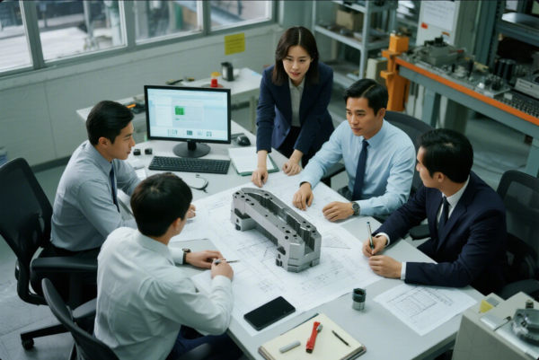 The image shows a group of engineers and technical staff holding a design review meeting in an office setting. On the conference table is a large, precision-machined metal component placed on top of detailed engineering blueprints. The team members are engaged in discussion, making notes, and referencing technical drawings, while a computer screen displays CAD software. The background features industrial shelving and workbenches, reflecting the professional, collaborative environment of a modern manufacturing company.