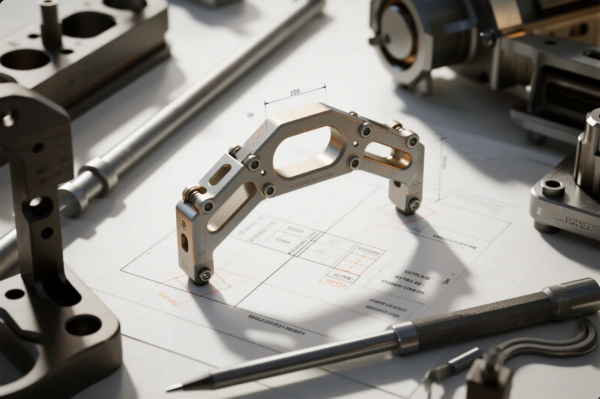 The image features a close-up of a high-precision CNC-machined metal part, elegantly positioned on top of a technical blueprint with clear dimensional markings. Around the main component are other machined metal parts and inspection tools, highlighting an environment of advanced engineering and quality control in industrial manufacturing. The overall scene emphasizes accuracy, innovation, and professional design in mechanical parts production.