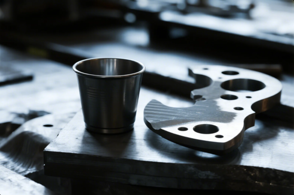 This image captures a stainless steel cup and a custom-machined metal component placed side by side on a dark metal work surface. The component displays precision milling and multiple drilled holes, reflecting advanced manufacturing capabilities and attention to detail typical in metalworking and fabrication environments. The background is slightly blurred, keeping the focus on the high-quality finish and craftsmanship of the parts.