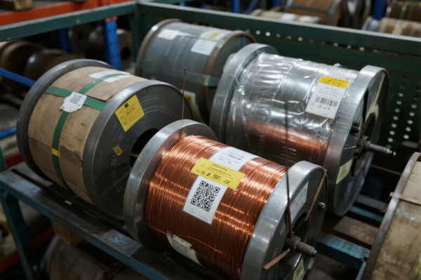 The image shows several large spools of industrial materials, including bright copper wire and steel strip, organized on blue metal shelving racks. Each reel has labels or QR codes attached, indicating material type and inventory information. The scene conveys an organized storage area typical of a factory or manufacturing warehouse, highlighting the raw materials used in metalworking and component production.
