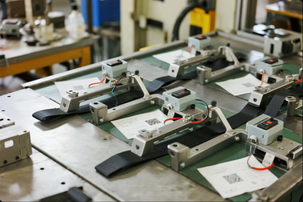 The image shows several automotive seatbelt buckle assemblies, each equipped with electronic sensors and connected wiring, positioned in rows on a metal table. Each assembly is placed above a test or inspection sheet, which features QR codes and printed information for quality control tracking. The background includes industrial equipment and additional workspace, indicating a modern, organized manufacturing or assembly facility.