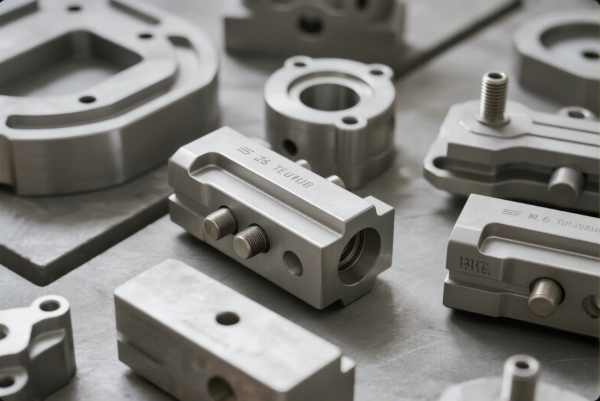 This image displays a collection of precision-machined metal components, each featuring detailed threading, bolt holes, and smooth, clean surfaces. The various parts, likely used in industrial machinery or automotive assemblies, are neatly arranged on a metallic workbench. The focus is on the clean finish and complex shapes, highlighting high manufacturing standards and advanced machining capabilities.