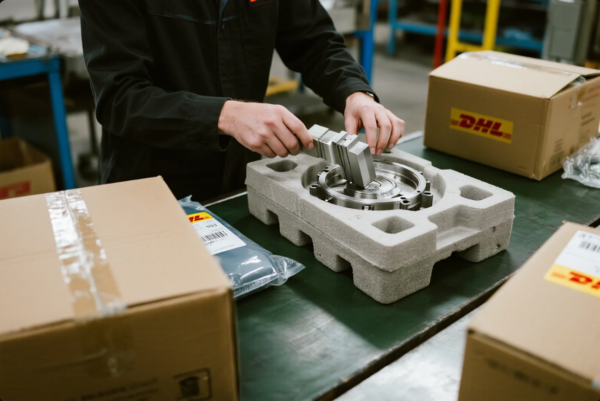 A technician in a dark uniform uses a caliper to check the dimensions of a machined metal component. The part is securely placed in a custom protective foam tray, surrounded by DHL-labeled shipping boxes and packaging materials. The setting highlights the emphasis on quality control and secure international shipping in industrial manufacturing logistics.
