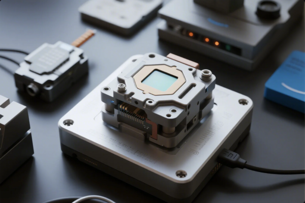 A sophisticated electronic test fixture is displayed on a black workbench, designed for the inspection and calibration of microchips or semiconductor components. The device features machined metal housing, exposed circuit connectors, and is connected via data cables, surrounded by other precision equipment—highlighting advanced quality control and R&D capabilities in electronics manufacturing.