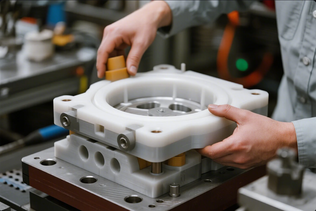 A close-up view of an engineer’s hands carefully handling a plastic and metal mold fixture on a workshop table. The image highlights the detailed structure and precision engineering of the component, with visible fasteners and alignment pins. The background shows an industrial workspace, emphasizing quality control and assembly processes in manufacturing.
