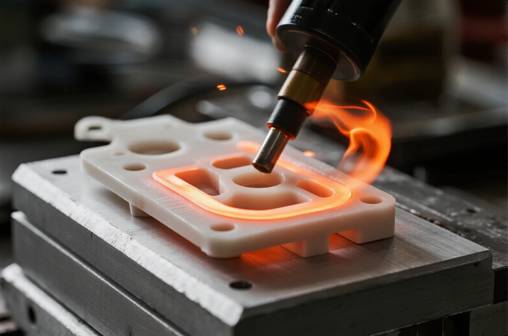 The image shows a white plastic part fixed on a metal workbench, while a technician uses a flame torch to precisely heat a specific area of the part until it glows orange. This process, commonly used in plastic forming, welding, or post-processing, takes place in an industrial workshop environment.