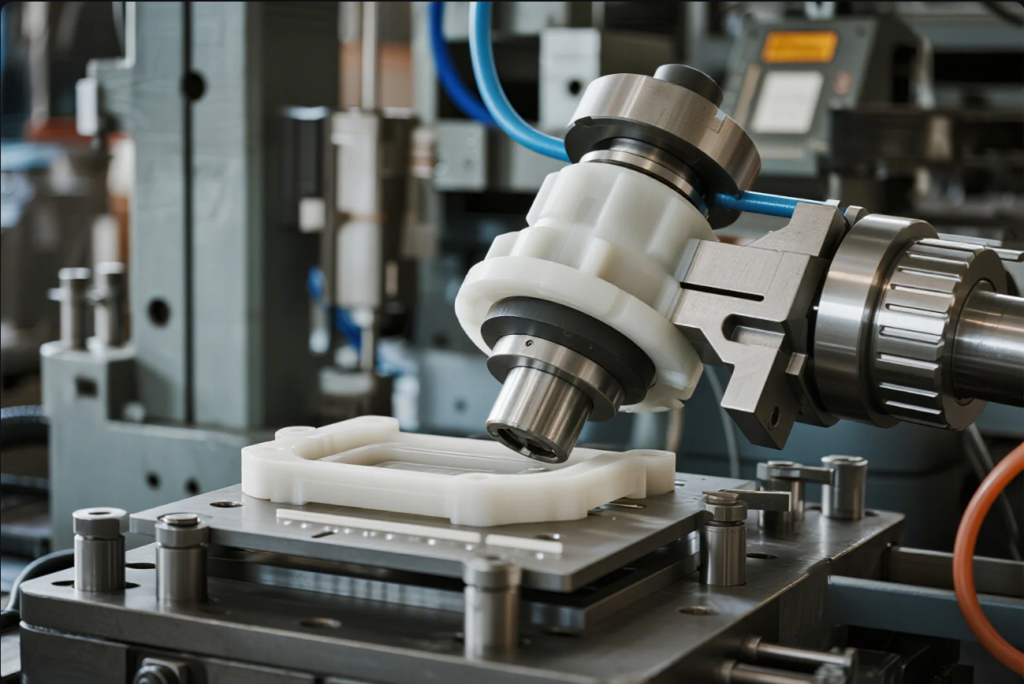 The image shows advanced manufacturing machinery performing a precise operation on a white plastic part fixed onto a metal platform. The background features more equipment and blurred operators, emphasizing an industrial environment focused on high-precision plastic component processing.