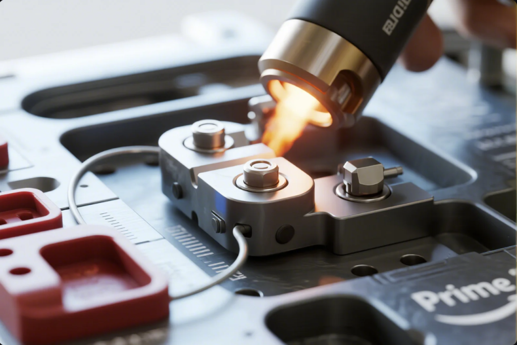 The image shows a detailed scene of hot riveting in an industrial setting. A hand-held heat tool emits a focused flame onto metal fasteners and components positioned on a fixture, with visible temperature control and measurement markings. This setup demonstrates the application of heat and pressure to create strong, permanent joints in metal assembly, highlighting the precision and automation of modern manufacturing processes.