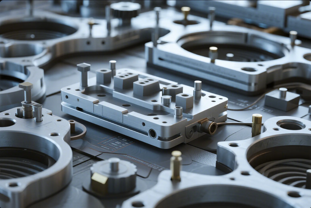 This image shows a variety of intricately machined metal molds and dies placed on a work surface in a manufacturing environment. The components feature precision-cut cavities, guide pins, and various geometric shapes, demonstrating advanced tooling used for producing complex industrial parts. The scene emphasizes the high level of engineering and detail involved in mold making for metal and plastic processing.