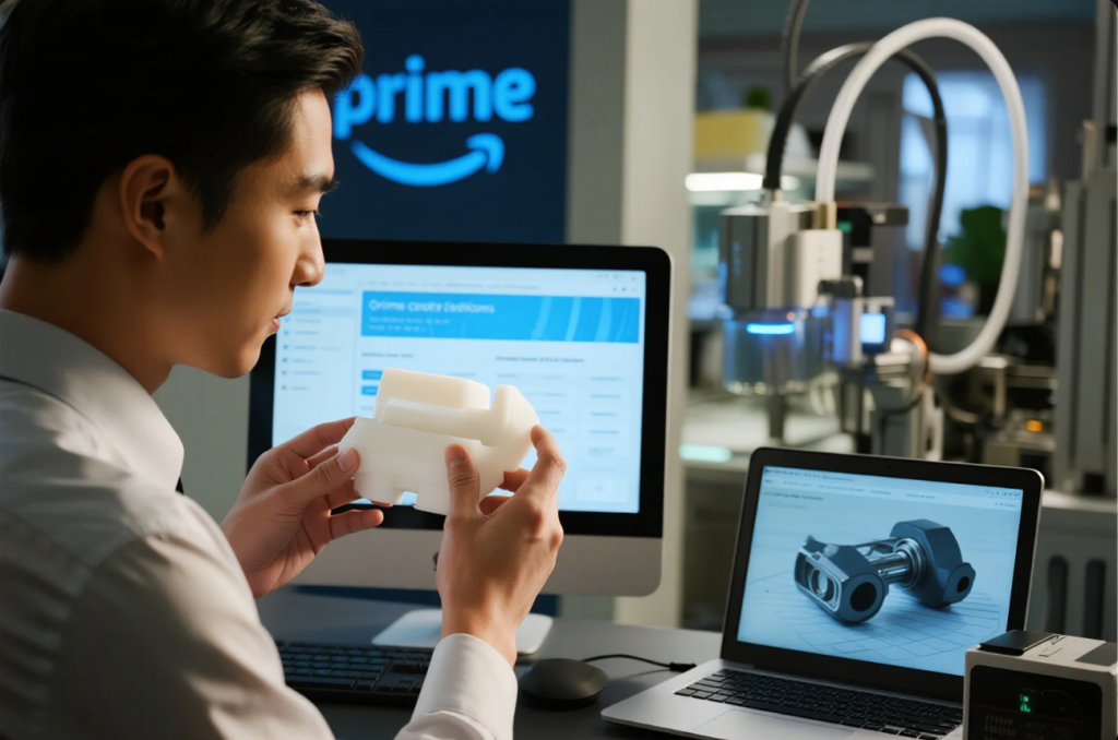 A professional engineer, seated at his desk in a contemporary factory office, closely inspects a white 3D-printed plastic part while referencing both digital design files and product data on dual computer screens. The scene highlights Prime's commitment to digital engineering, precision prototyping, and smart manufacturing integration.
