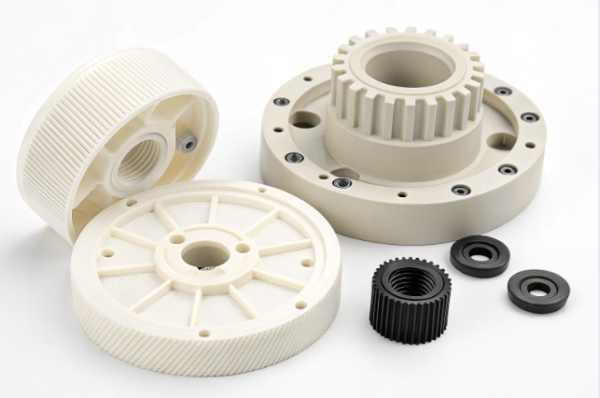 This image displays several precision plastic components, including large cream-colored gears and discs with textured surfaces and detailed patterns. The set also features two smaller black plastic parts with gear-like ridges and two black washer-shaped components. All parts are cleanly manufactured, suggesting use in industrial or mechanical assemblies, and are arranged neatly on a plain white surface.