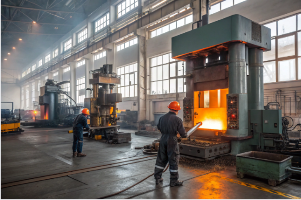 This image shows a spacious industrial workshop where workers, wearing safety helmets and protective gear, are operating massive hydraulic forging presses. The presses are glowing with intense orange heat, indicating the forging of hot metal parts. The facility is well-lit with large windows and high ceilings, and the environment appears clean, organized, and focused on heavy-duty metal processing. The scene captures the scale and modern technology of large-scale metal forging operations.