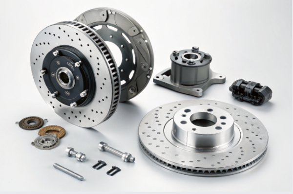 This image shows an assortment of high-performance automotive brake parts arranged on a white background. Prominently featured are ventilated and cross-drilled brake discs, a brake caliper, a wheel hub assembly, and various bolts, washers, and small gears. The parts display precision machining and clean metallic finishes, emphasizing their quality and engineering for advanced braking systems.