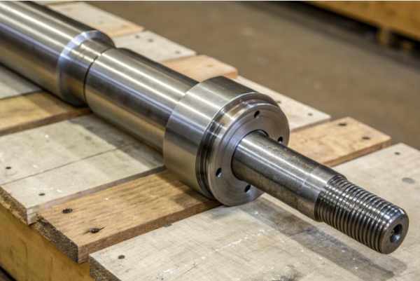 This image shows a long, cylindrical metal shaft with a polished finish, featuring a flanged section and a precisely machined threaded end. The shaft is resting on a wooden pallet, suggesting it is ready for transport or assembly. The high-quality surface finish and engineering detail indicate that the shaft is likely used in industrial machinery, automotive, or heavy equipment applications. The background is slightly out of focus, emphasizing the craftsmanship and scale of the shaft.