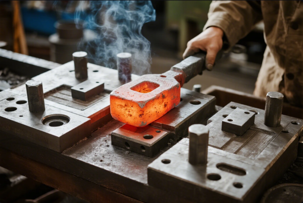 This image shows a close-up of a worker using tongs to position a bright orange, heated metal workpiece with a central cutout onto a heavy-duty forging die. The intense heat of the part causes visible steam or smoke to rise from its surface. The workbench and die are robust and industrial, emphasizing the strength and precision required in the forging process. The worker is dressed in protective clothing, and the background suggests an active metalworking environment.