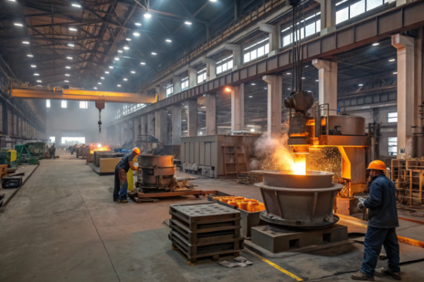 Inside a state-of-the-art metal casting facility, skilled workers manage automated machinery for melting and pouring molten metal. The spacious and well-organized workshop reflects a commitment to efficiency, technology, and industrial safety standards.