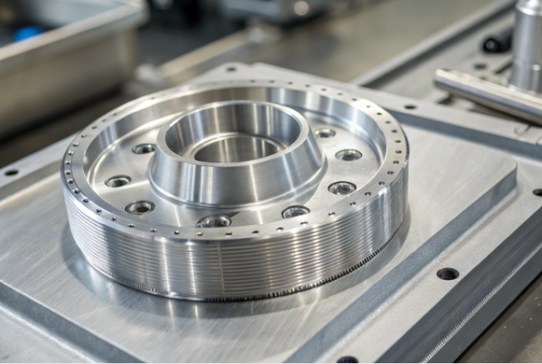A high-precision metal casting part is shown on an inspection table. The component features a smooth, flawless surface and intricate machining details, demonstrating advanced manufacturing quality and tight tolerance control.