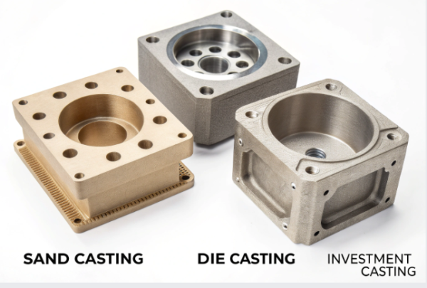Side-by-side comparison of three metal casting parts: one made by sand casting with a coarse finish, one by die casting with a smooth, precise surface, and one by investment casting with fine details. Each part highlights the unique characteristics of its respective casting process.
