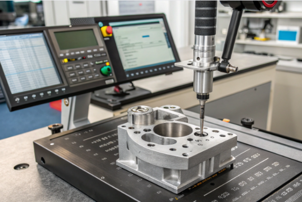 A coordinate measuring machine (CMM) checks the dimensions of a metal casting part on an inspection table. The digital display and control panel in the background ensure precise quality control during the manufacturing process.