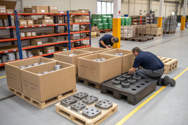 Two workers in a clean, organized warehouse pack and arrange metal casting components into sturdy cardboard boxes on pallets. This process ensures each part is securely packaged for safe shipping and export.