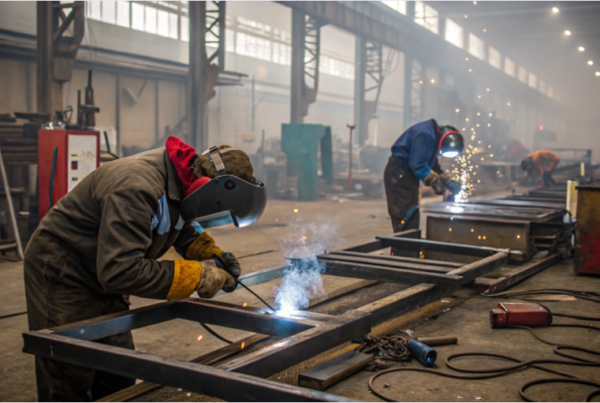 This image shows multiple workers in a spacious metal fabrication workshop engaged in manual arc welding. The foreground worker is focused on welding a large rectangular steel frame, wearing a protective helmet, gloves, and a brown uniform with a red hood. Sparks and smoke are visible, indicating active welding. In the background, additional welders are working on similar structures, all under a high ceiling with overhead crane tracks and natural light streaming through the upper windows. The environment is industrial and busy, highlighting precision and heavy-duty fabrication work.