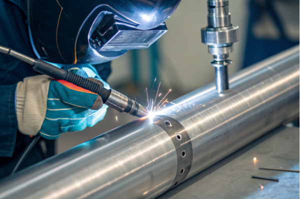 The image captures a close-up view of a welder performing high-precision MIG welding on a large stainless steel cylindrical component. The worker is wearing a dark welding helmet with a visor and teal protective gloves. Bright sparks are visible at the contact point between the welding torch and the metal surface, indicating active welding. The metal cylinder being welded features a flange with evenly spaced holes, suggesting it's part of a high-spec industrial system, possibly for mechanical or pipeline applications. A vertical support fixture is visible on the right, holding the cylinder steady during the welding process. The image highlights meticulous craftsmanship and advanced welding techniques in a controlled industrial environment.