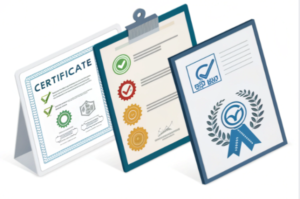 This image is a stylized illustration of three different certification documents standing upright. The first document on the left is labeled "CERTIFICATE" and features checkmarks, seals, and decorative borders, symbolizing compliance with specific standards. The center clipboard document includes a checklist with green, red, and yellow checkmarks beside ribbon-style seals, indicating multilevel verification or approval processes. The third document on the right shows a large blue checkmark within a circle, laurel wreath graphics, and a ribbon marked "QUALITY," representing validated excellence or an award certification. The overall visual suggests professional standards, ISO compliance, or industry-recognized certifications commonly associated with manufacturing or business credibility.