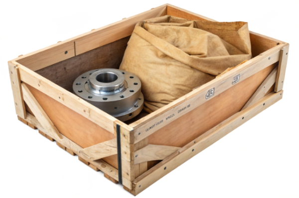 The image displays a sturdy wooden crate containing a precision-machined industrial metal component, likely a flange or bearing housing, with multiple bolt holes arranged around its perimeter. The metal part is partially wrapped or cushioned with a heavy-duty brown protective fabric, providing shock absorption and surface protection during transportation. The crate features reinforced corners, cross-braced wooden panels, and visible stamped markings indicating export or handling instructions. This packaging setup exemplifies safe and professional logistics practices for shipping heavy mechanical parts.