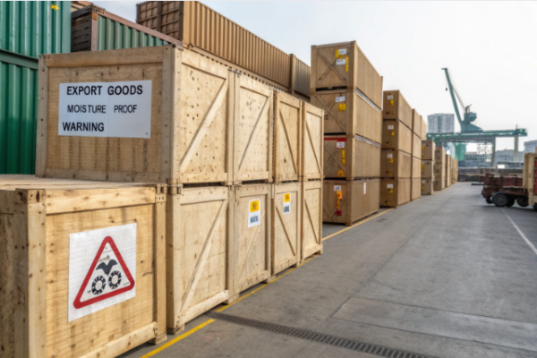 The image shows a row of large, industrial-grade wooden crates stacked neatly at a logistics or port terminal. Each crate is constructed with reinforced wooden panels and diagonal supports for structural stability. Prominent labels on the crates read “EXPORT GOODS,” “MOISTURE PROOF,” and “WARNING,” with additional handling symbols including a gear-related hazard sign. In the background, more crates and shipping containers are stacked near green cargo containers and a large crane, indicating the goods are ready for export or sea freight. The scene illustrates a well-organized industrial export operation focused on proper packaging and logistics safety.