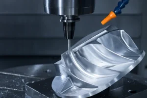 CNC milling machine cutting an aluminum impeller with a ball end mill, showing precision 5-axis machining and smooth blade surface finish.