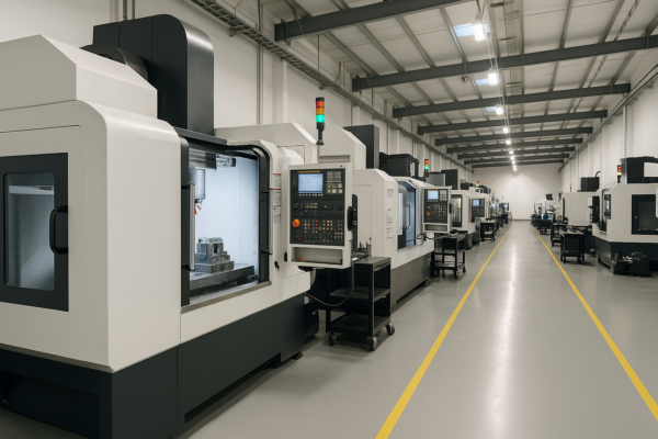 Wide-angle view of Shandong Prime International Trade Co., Ltd.'s CNC production workshop. The facility features multiple advanced 5-axis CNC machines aligned along clean, bright corridors. Each workstation is equipped with control panels and tool carts, demonstrating industrial efficiency and precision manufacturing capability.