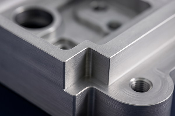 High-resolution macro photo of an aluminum enclosure produced by CNC machining. The image highlights the precisely milled corners, circular threads, and uniform surface texture, demonstrating tight tolerance machining and superior finish.