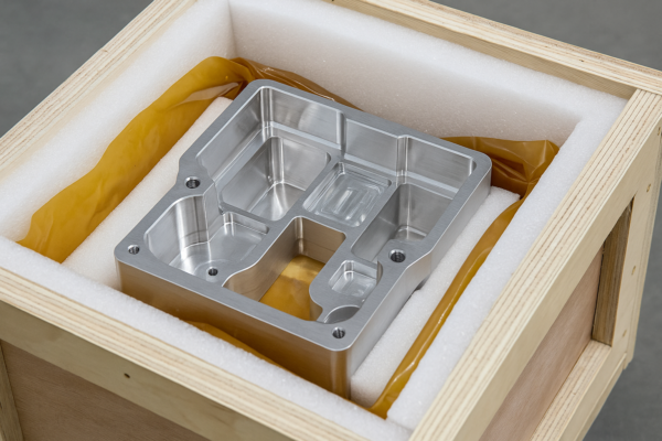 A high-definition image of an aluminum CNC component securely packed for export. The part is cushioned within a white custom foam insert, sealed in rust-inhibiting plastic film, and enclosed in a certified ISPM-15 wooden crate—demonstrating Prime's export-grade packaging quality.