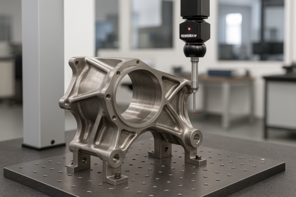 A high-resolution image shows a titanium aerospace component being inspected on a CMM. The titanium part features machined ribs and openings, securely fixed on a granite plate, as a RENISHAW probe performs precise 3D dimensional measurements.